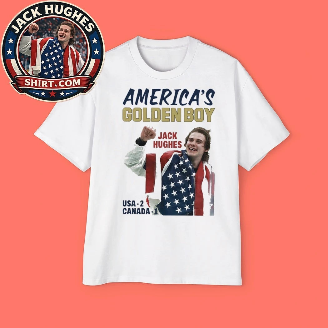 Jack Hughes American Golden Boy USA-2 Canada-1 Hockey Star Graphic T-Shirt