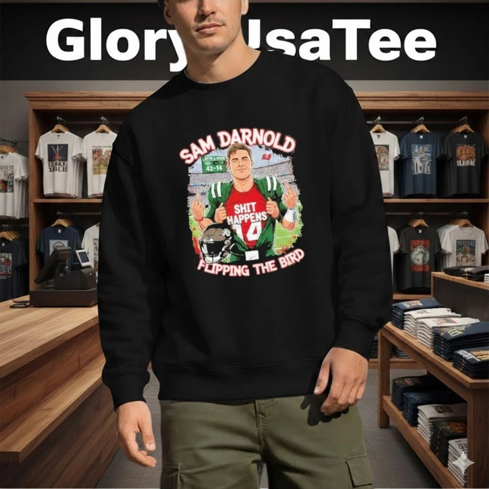 Sam Darnold Shit Happens Flipping The Bird Stadium Graphic Shirt
