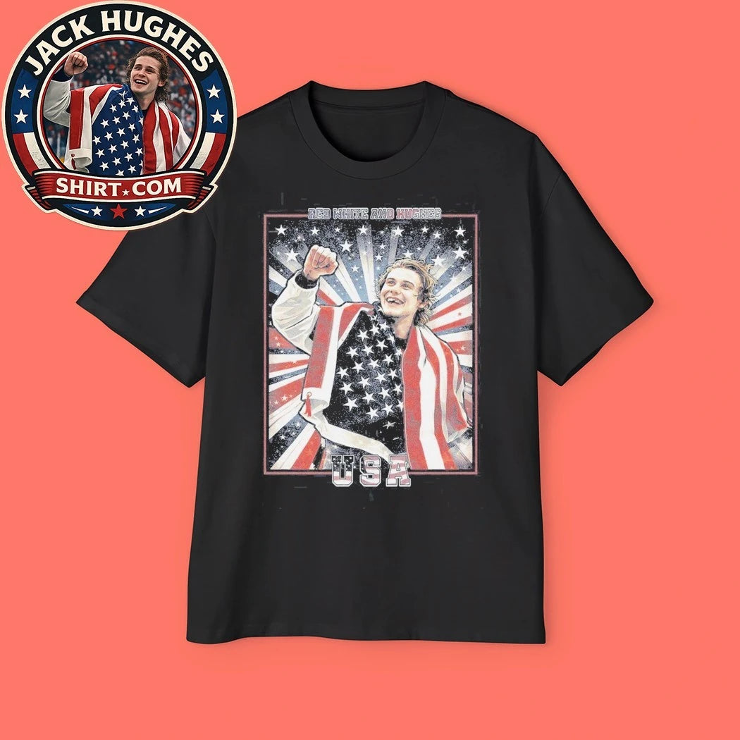 USA Gold Medal Hockey Champion Jack Hughes Quinn Hughes Shirt American Flag Skate Portrait T-Shirt