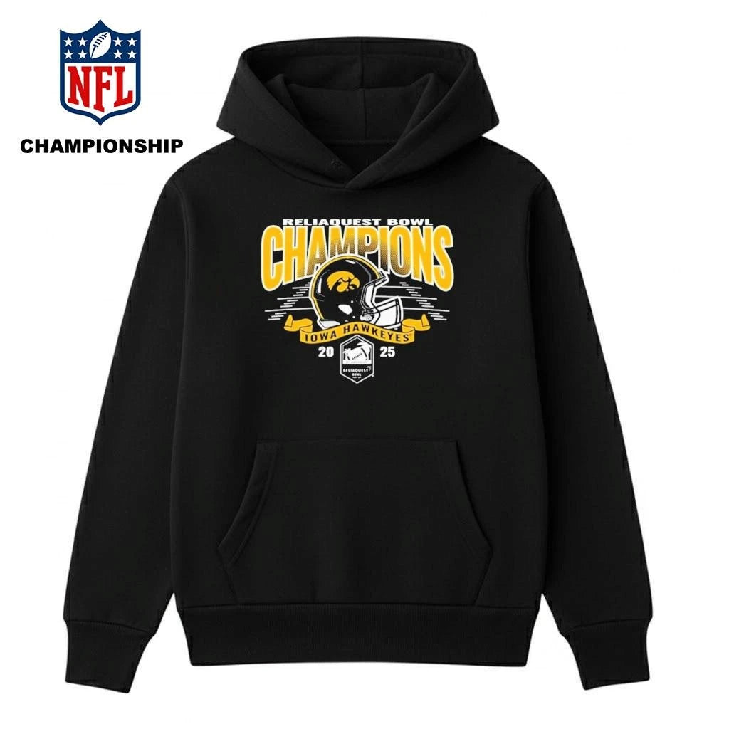 Iowa Hawkeyes Black Blue 84 2025 ReliaQuest Bowl Football Champions Shirt