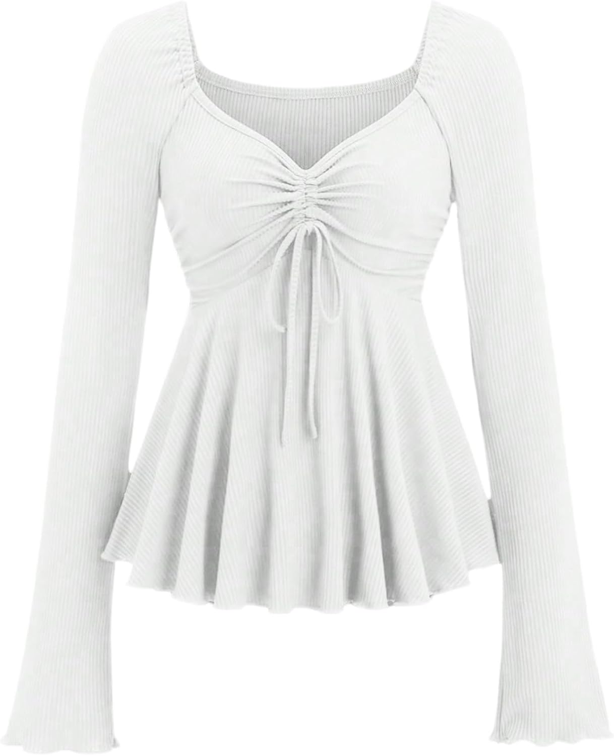 Women's Peplum Tops Long Sleeve Babydoll Shirts Y2k Cute Tie Front Sweetheart Neckline Top