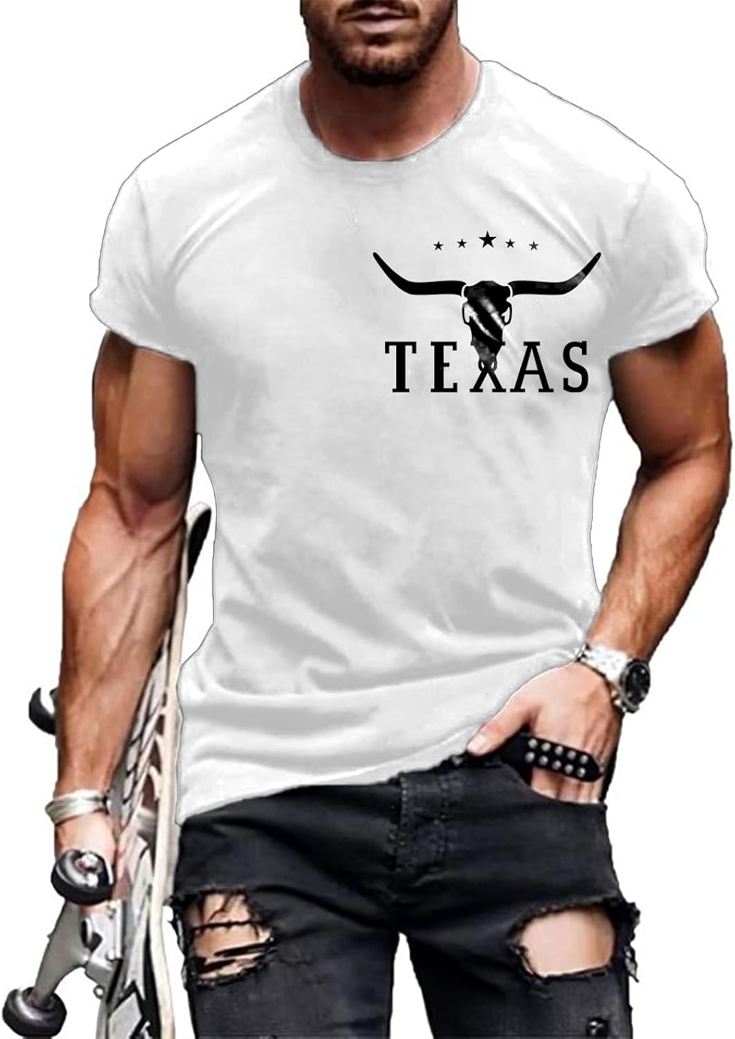 Western Shirts for Men Bull Horn Print Short Sleeve T Shirts for Men Retro Graphic Tees for Men Crew Neck Loose Fit Pullover Tops for Men Summer Tops for Men 2025 B-Bull Horn White 2XL