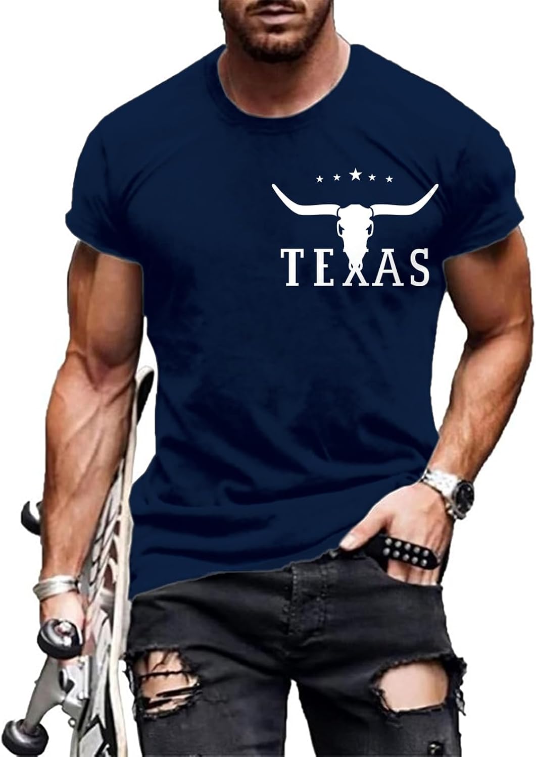 Western Shirts for Men Bull Horn Print Short Sleeve T Shirts for Men Retro Graphic Tees for Men Crew Neck Loose Fit Pullover Tops for Men Summer Tops for Men 2025 B-Bull Horn Navy XL