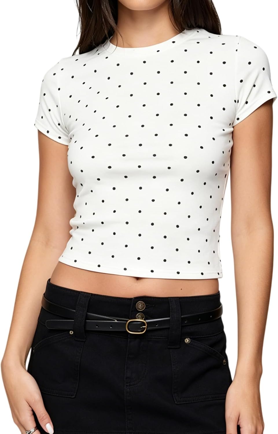 Y2k Baby Tees for Women Short Sleeve Polka Dot Shirt Tops Slim Fit Vintage Aesthetic T Shirt Girls Streetwear