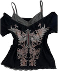 Emo Grunge Shirts Women 2000s Graphic Baby Tees Fake Two Piece Short Sleeve Vintage Y2k Crop Top Goth Alt Clothes