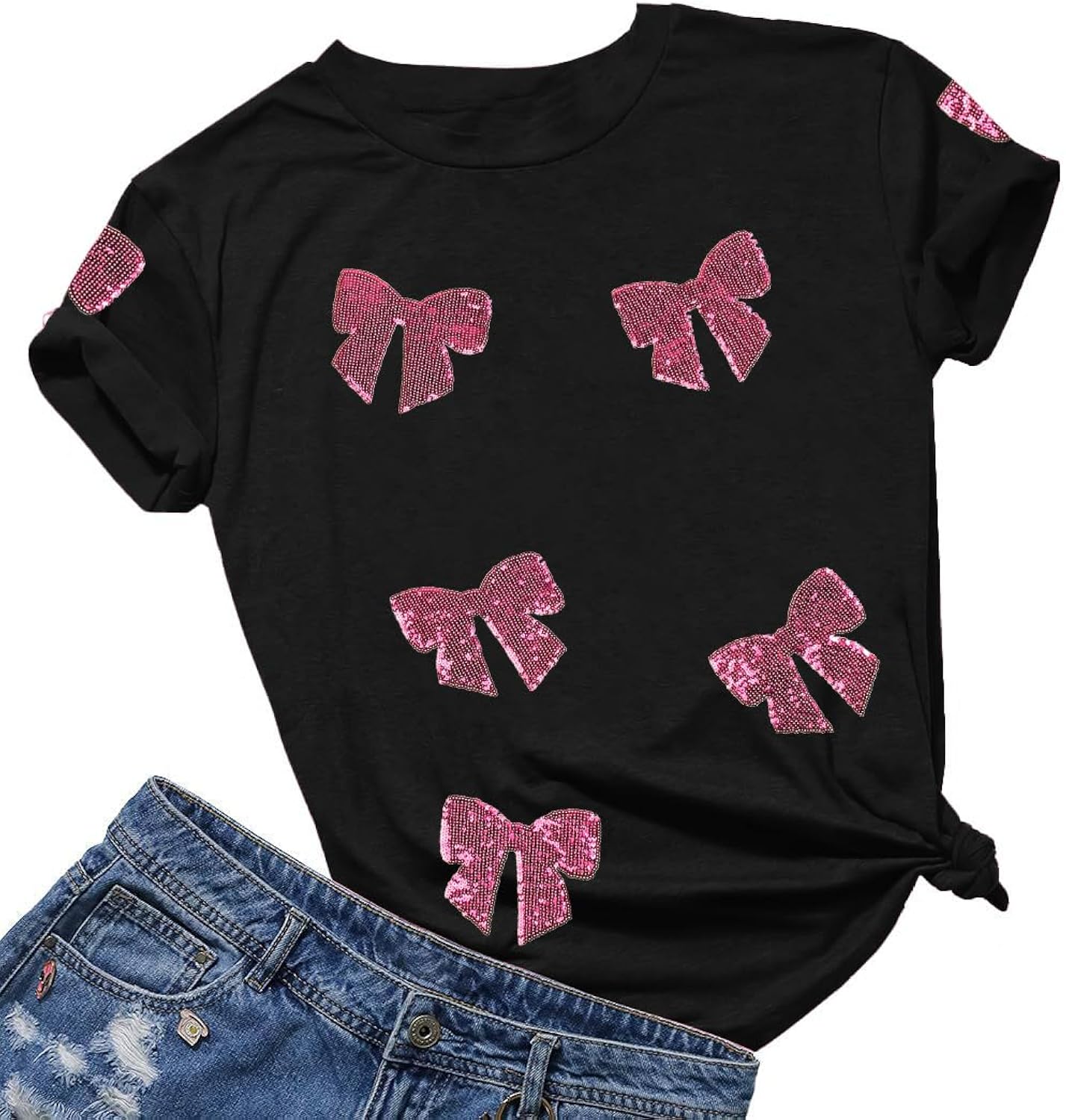 Womens Bow Shirt Coquette Aesthetic Shirts Cute Sequin Graphic Tees Trendy Pink Bow Ribbon Short Sleeve Tee Tops
