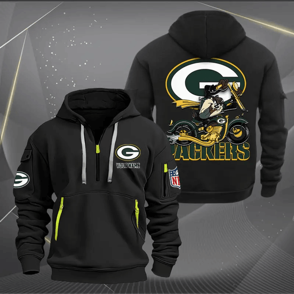 Green Bay Packers Quarter Zip Hoodie Biker Taz Custom Name Gift For Fan
