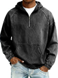Men's Faux Denim Half-Zip Hoodie with Vintage Wash, Plus Size Casual Sweatshirt