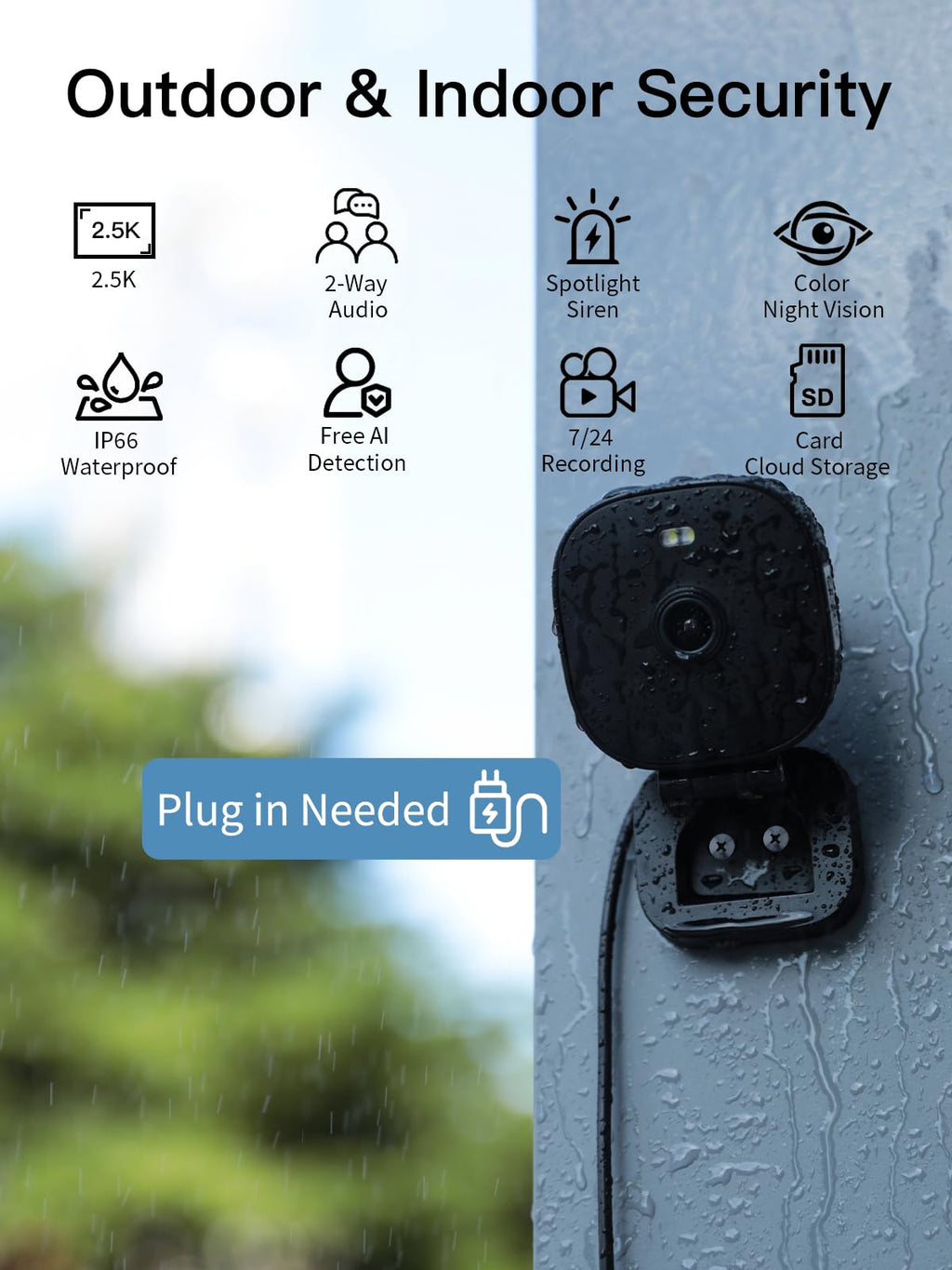 VIMTAG Security Camera Outdoor Indoor, 2.5K Cameras for Home Security Pet/Dog, Color Night Vision, Baby Monitor, Motion Activated Spotlight/Siren, IP66,2-Way Audio, Cloud/512G TF Card Storage,Plug-in