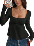 Women's Babydoll Tops Long Sleeve Henley Shirts Cute Square Neck Coquette Peplum Top