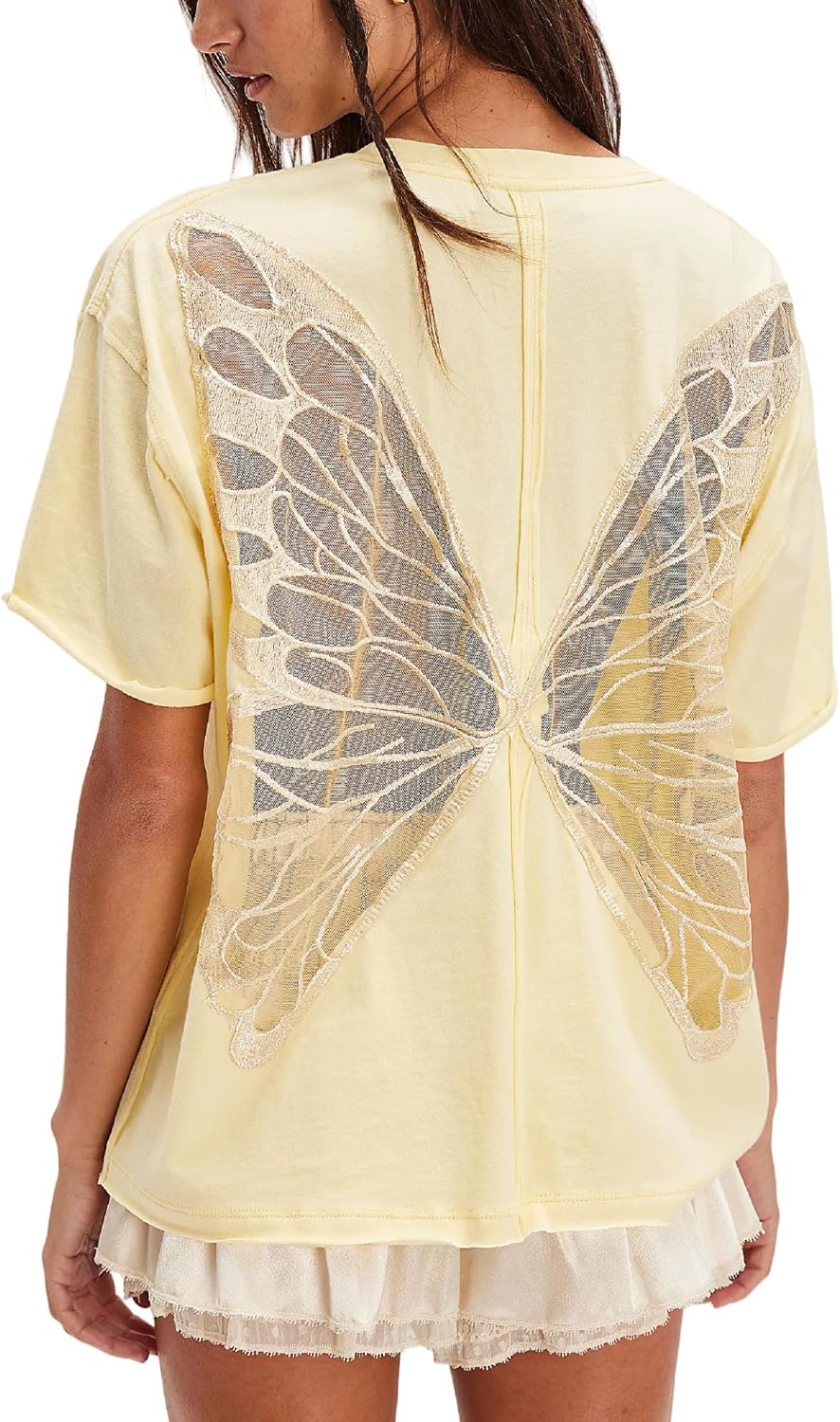 Women Sheer Butterfly T Shirt Short Sleeve Cut Out Back Tee Top Embroidered Oversized Tee Shirts Streetwear
