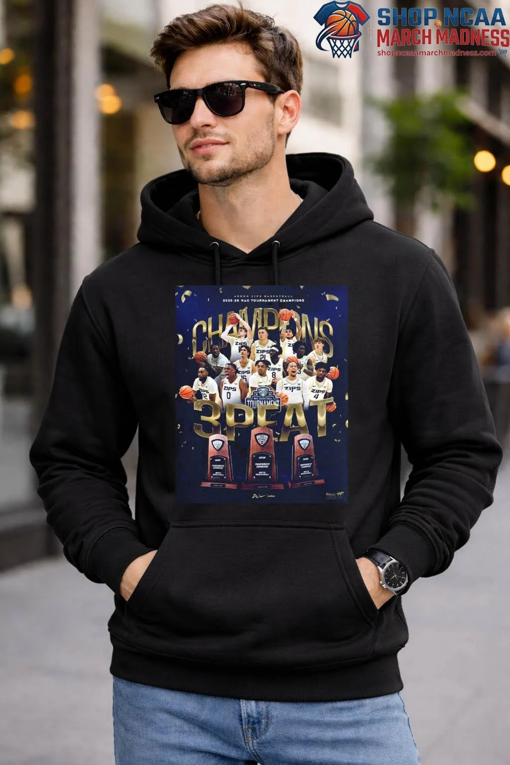 Akron Zips Men’s Basketball 2025 2026 MAC Tournament Champions 3 Peat In A Row T-Shirt Akron Zips
