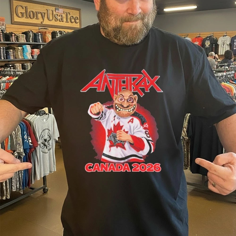 Anthrax Canada 2026 Tour Merch Tee No Man Mascot Canada Hockey Player Art Elbows Up T-Shirt