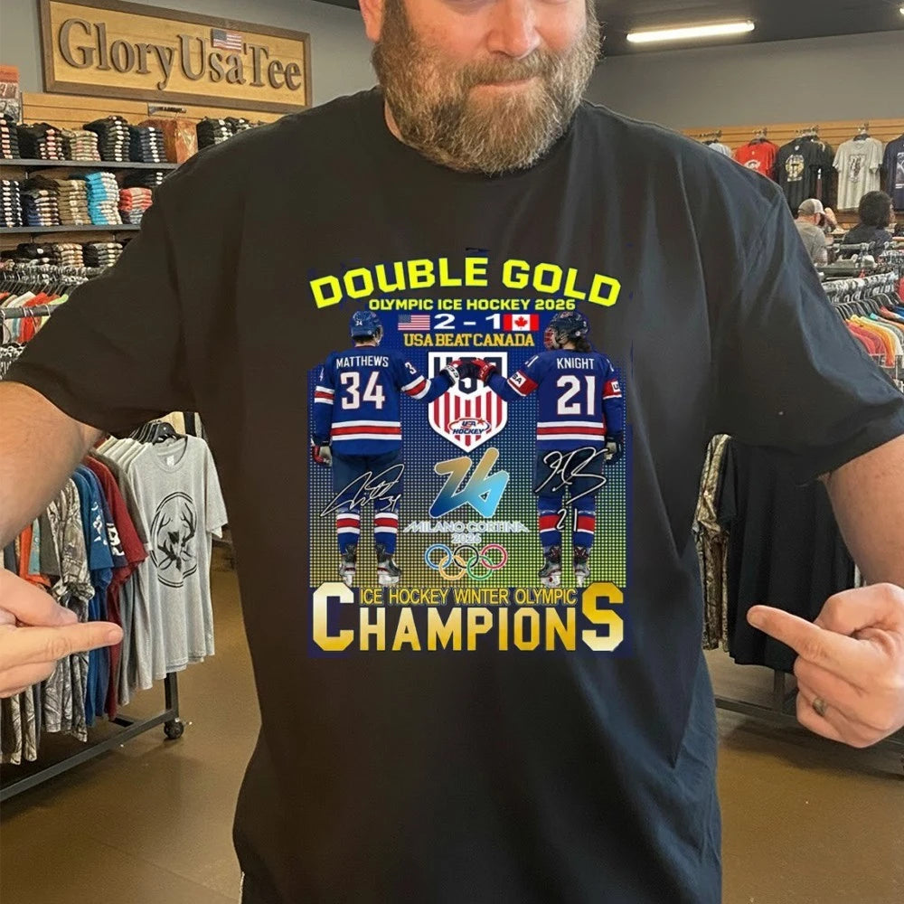 Double Gold Olympic Ice Hockey 2026 Usa Beat Canada 2 1 Matthews Knight Shirt