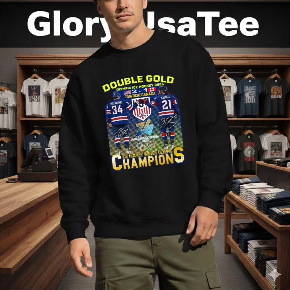 Double Gold Olympic Ice Hockey 2026 Usa Beat Canada 2 1 Matthews Knight Shirt