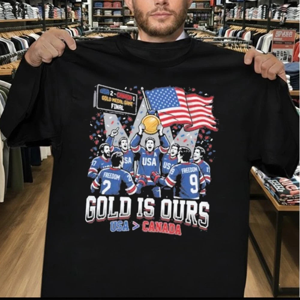 Gold Is Ours Hockey USA Flag Graphic Shirt