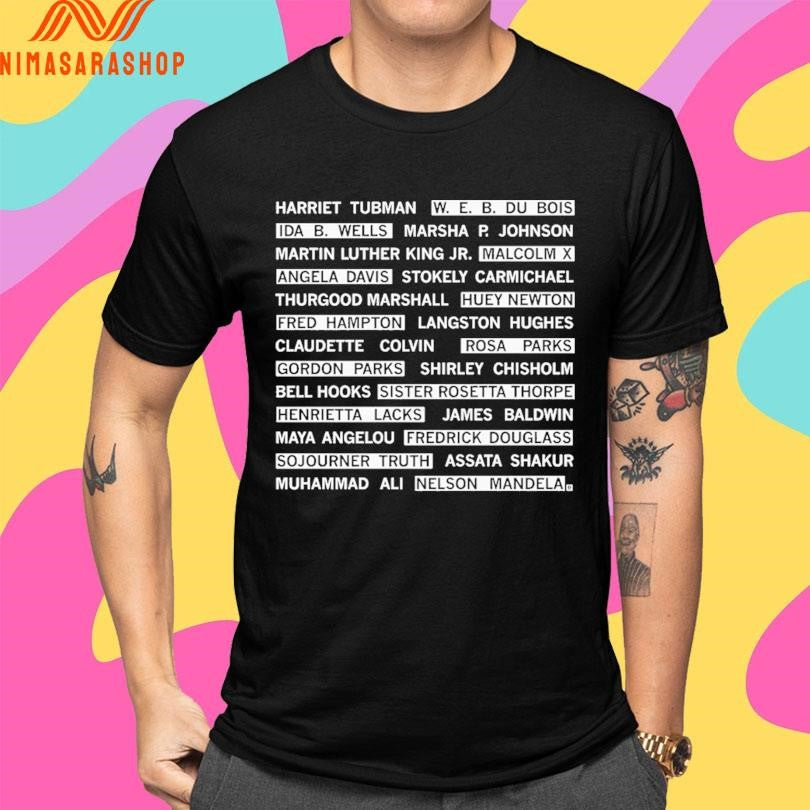 Harriet Tubman W. E. B. Du Bois Ida B. Wells Marsha P. Johnson Martin Luther King Jr. Malcolm X Angela Davis Stokely Carmichael Shirts