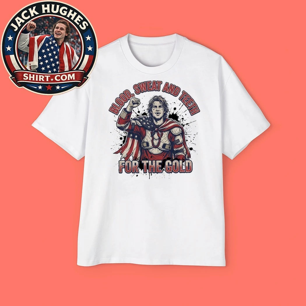 Jack Hughes Bloody Blood Sweat and Teeth for the Gold USA Hockey Graphic T-Shirt