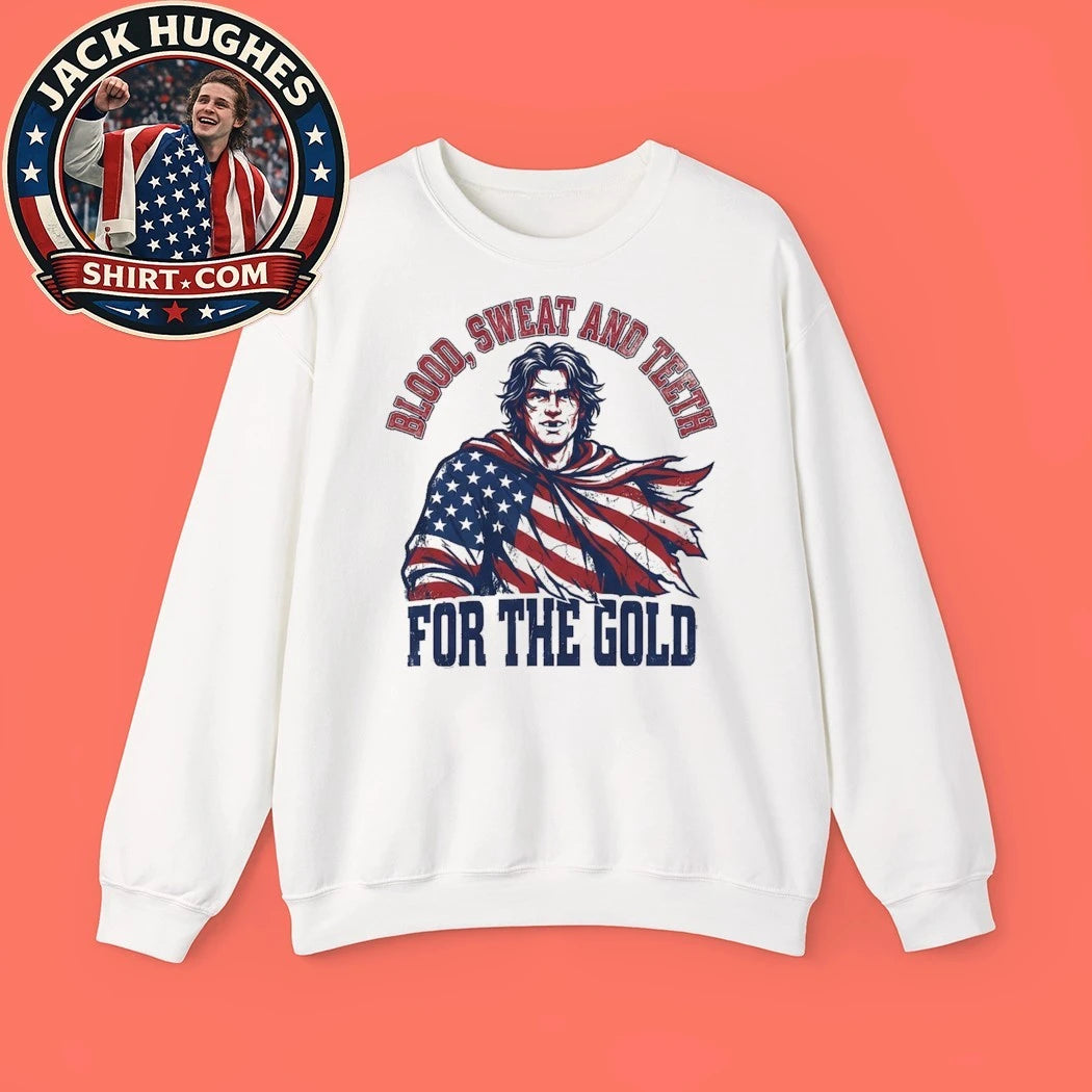 Jack Hughes Bloody Blood Sweat and Teeth for the Gold USA Hockey Olympic Golden Goal Trending T-Shirt