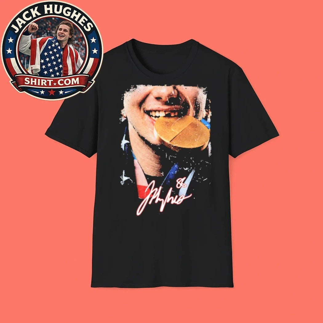 Jack Hughes Gold Medal USA Hockey Signature Tee Shirt