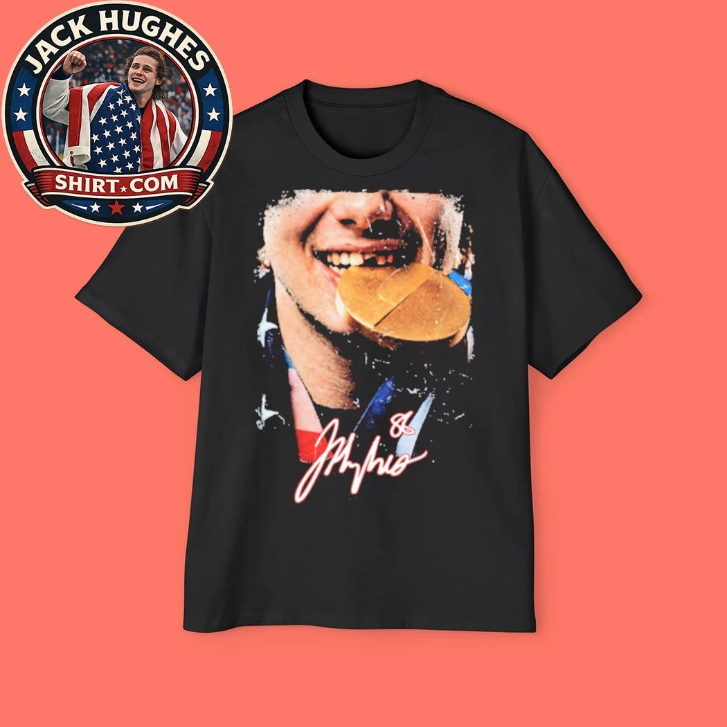 Jack Hughes Gold Medal USA Hockey Signature Tee Shirt