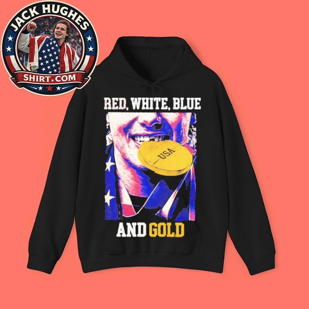 Jack Hughes Red White Blue and Gold USA Hockey 2026 Winter Olympics Graphic T-Shirt