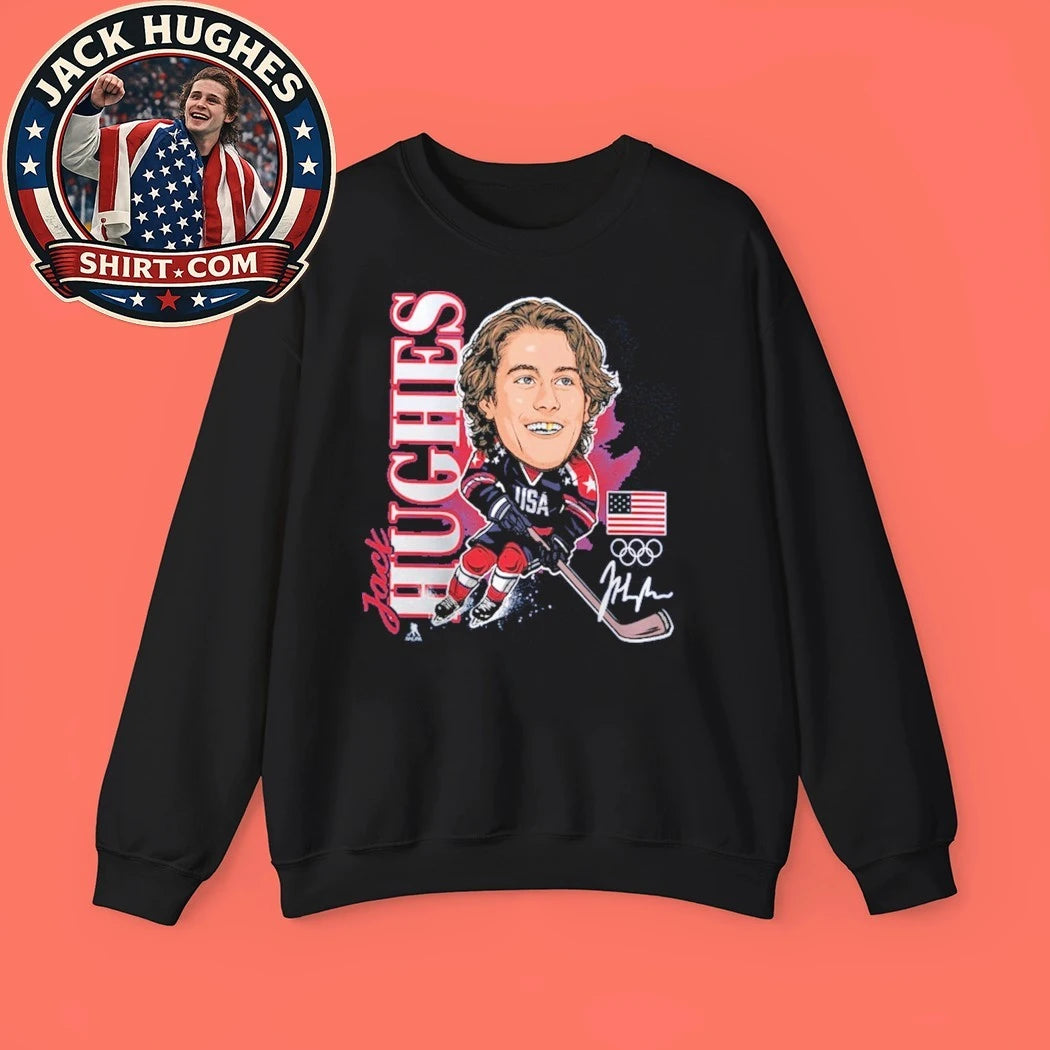 Jack Hughes USA Hockey Fanatics Gold Medal Caricature Signature New T-Shirt