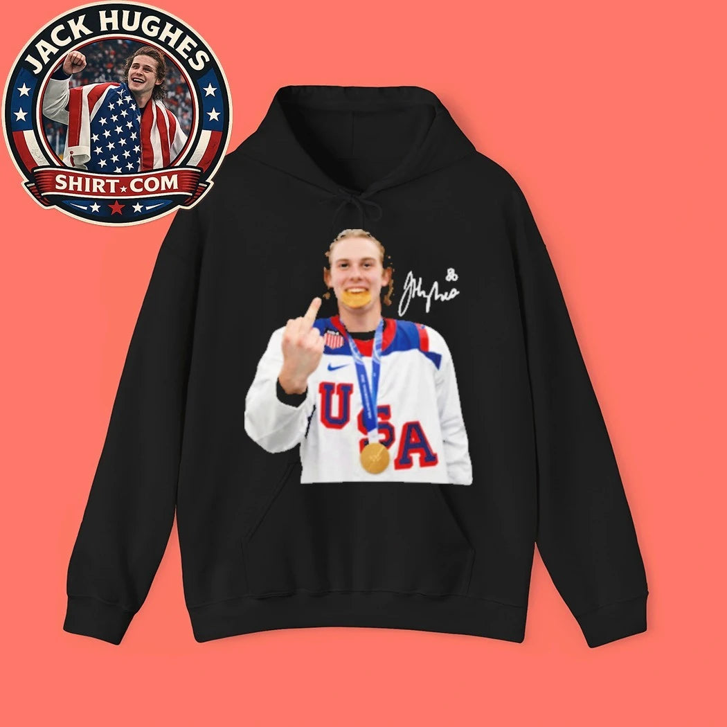 Jack Hughes middle finger, gold medal Signature 2026 Graphic T-Shirt