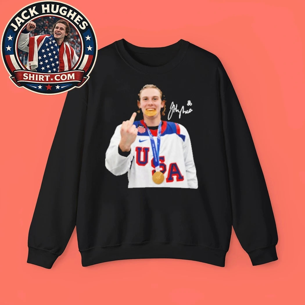 Jack Hughes middle finger, gold medal Signature 2026 Graphic T-Shirt