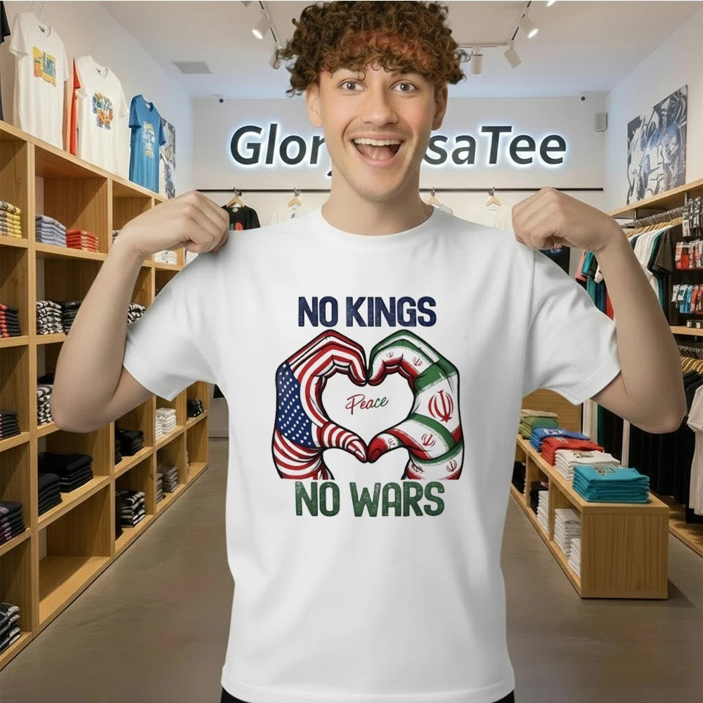 No Kings No Wars USA &amp; Iran Peace Heart Hands Graphic Shirt