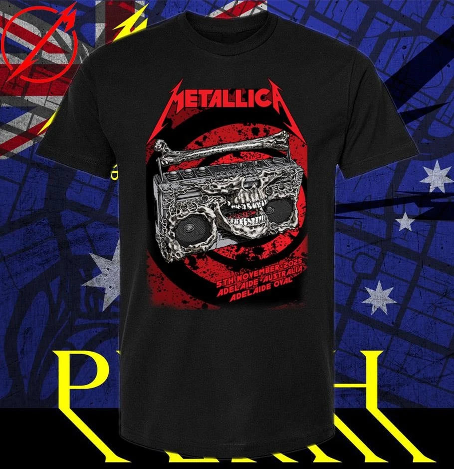 Official Metallica M72 Adelaide Australia 2025 Venue Poster At Adelaide Oval On November 5 2025 Skeleton Radio Boombox From Hell T-Shirt