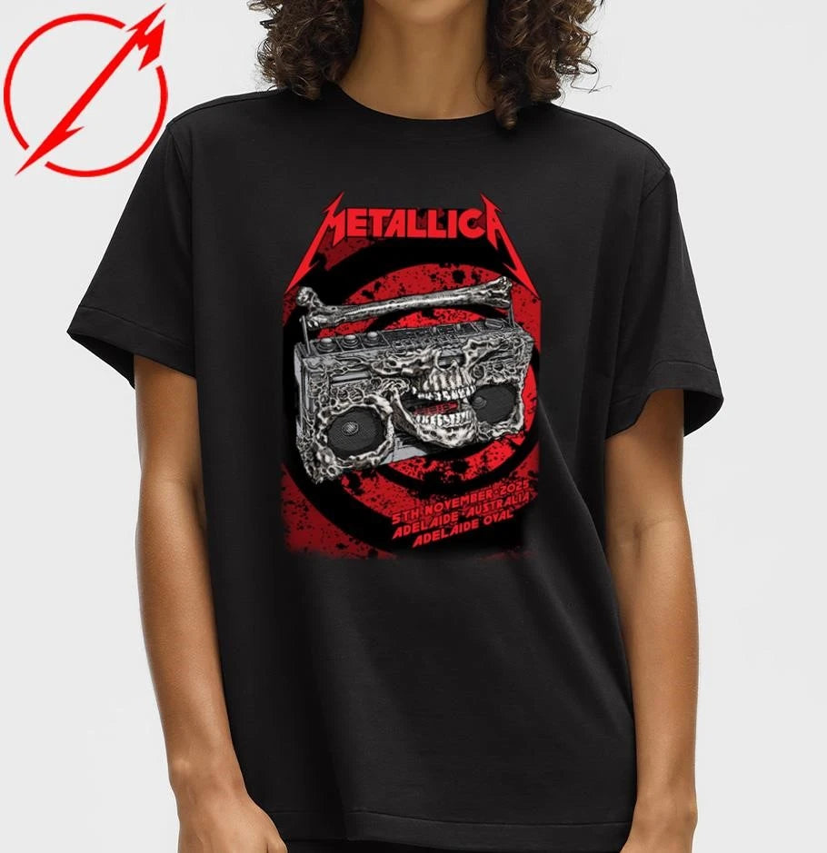 Official Metallica M72 Adelaide Australia 2025 Venue Poster At Adelaide Oval On November 5 2025 Skeleton Radio Boombox From Hell T-Shirt