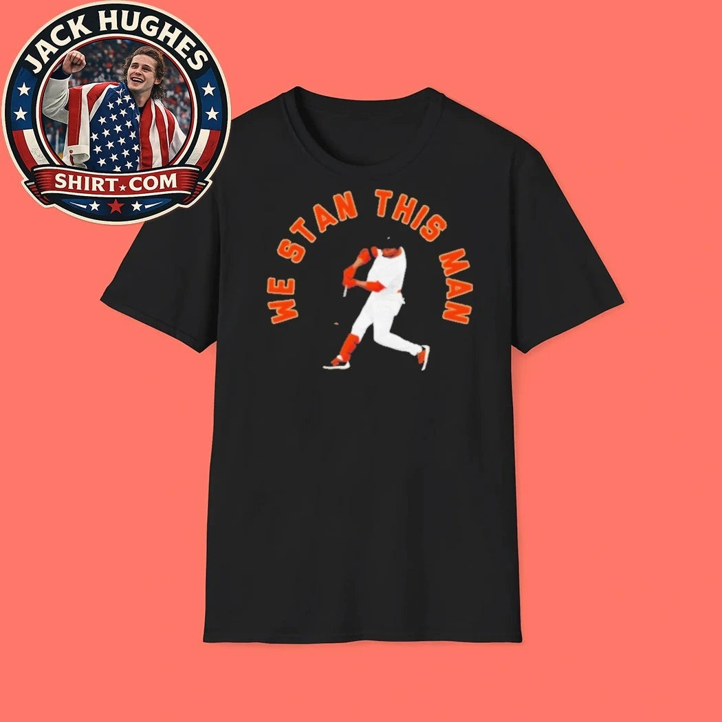 Original We Stan This Man Baseball Player Silhouette Orange Text Shirt