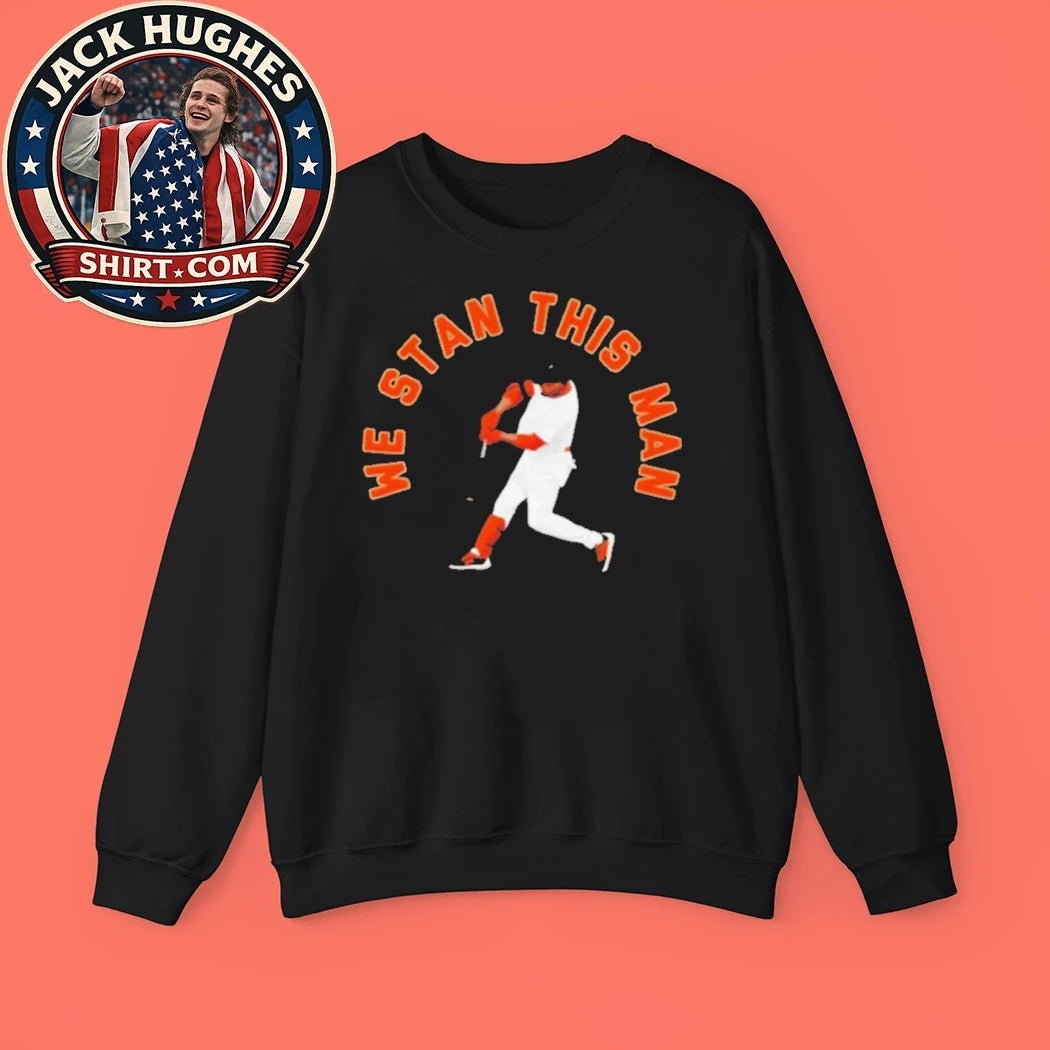 Original We Stan This Man Baseball Player Silhouette Orange Text Shirt