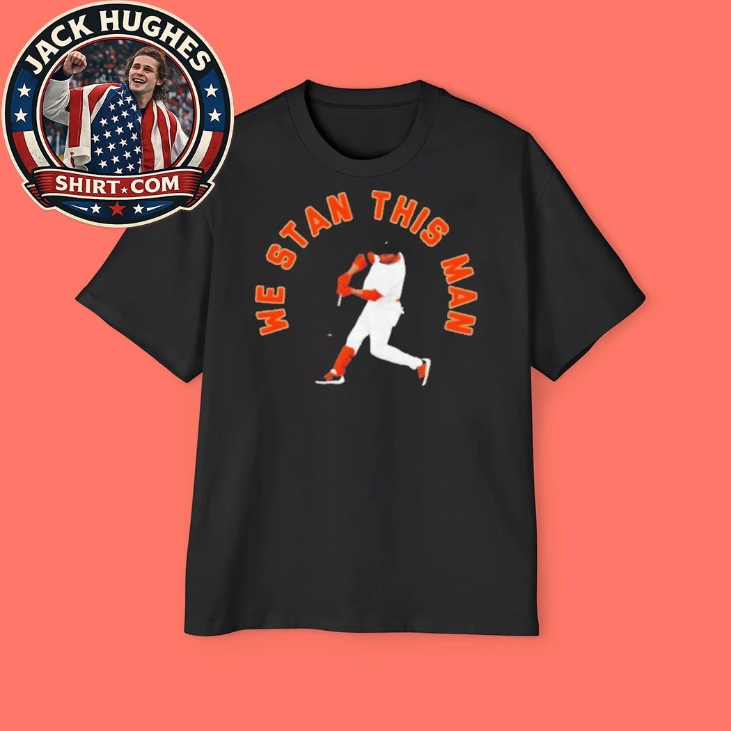Original We Stan This Man Baseball Player Silhouette Orange Text Shirt