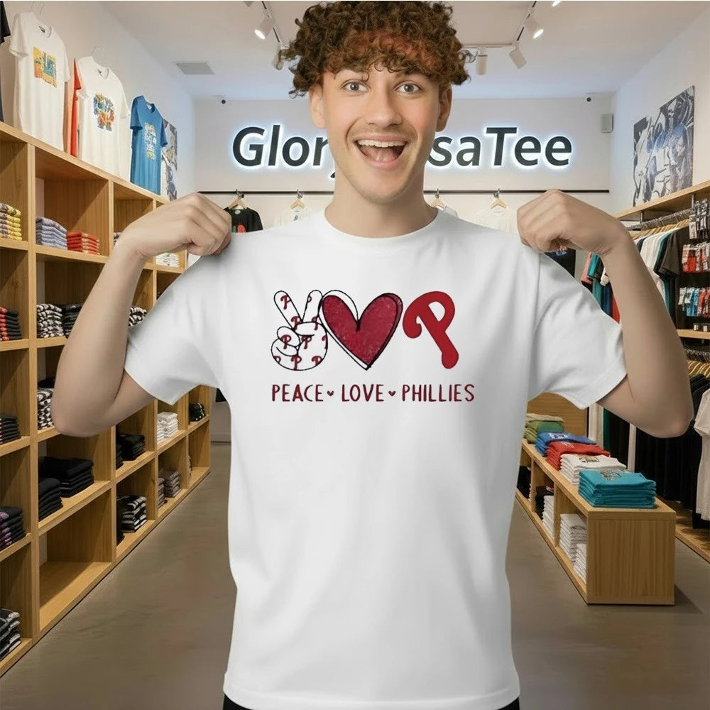 Philadelphia Phillies Peace Love Phillies hand sign heart shape and logo Shirt