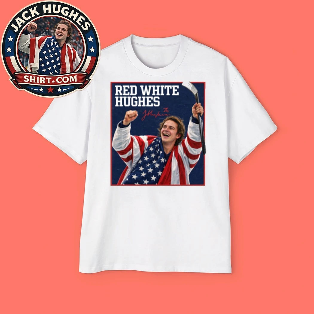 Red White Hughes Jack Hughes American Hockey Player Fan Graphic T-Shirt