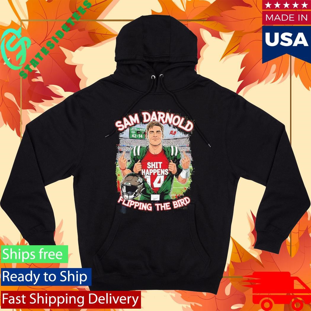 Sam Darnold Shit Happens Flipping The Bird Stadium Graphic T-Shirt