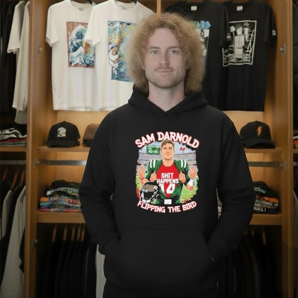 Sam Darnold Shit Happens Flipping The Bird Stadium Graphic Shirt
