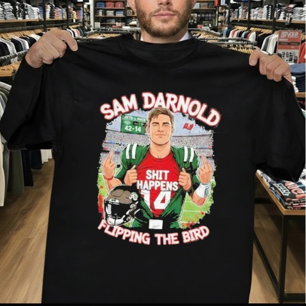 Sam Darnold Shit Happens Flipping The Bird Stadium Graphic Shirt