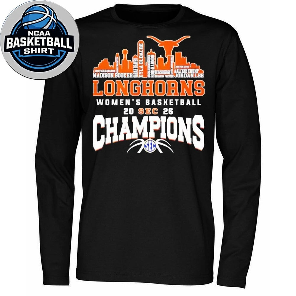 Texas Longhorns Women’s Basketball Champions 2026 player name city skyline logo shirt