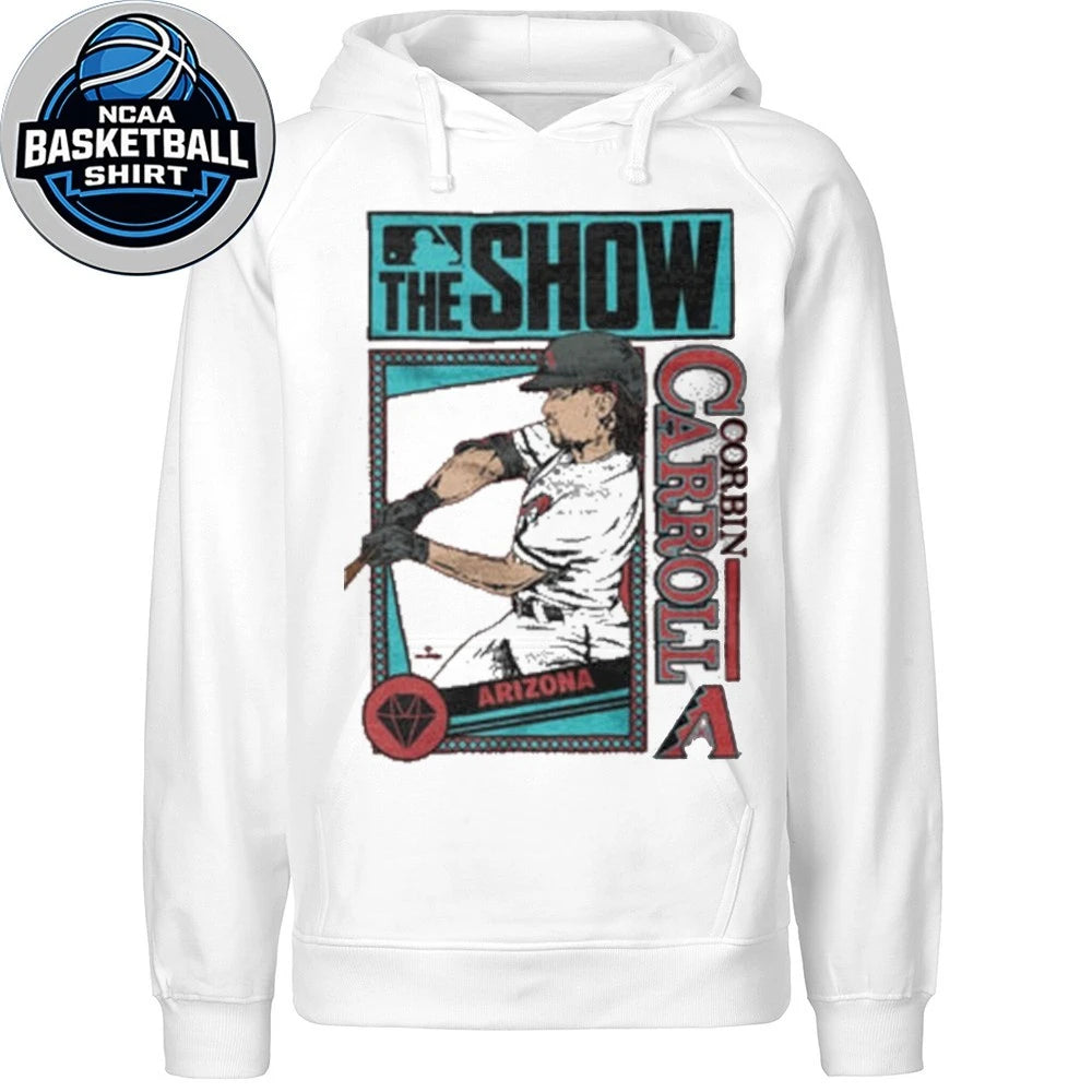 The T-shirt features a print of Arizona Diamondbacks baseball player Corbin Carroll and the MLB The Show video game