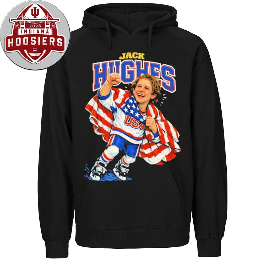 Vintage Caricature Jack Hughes Usa Hockey Champions Flag T-Shirt