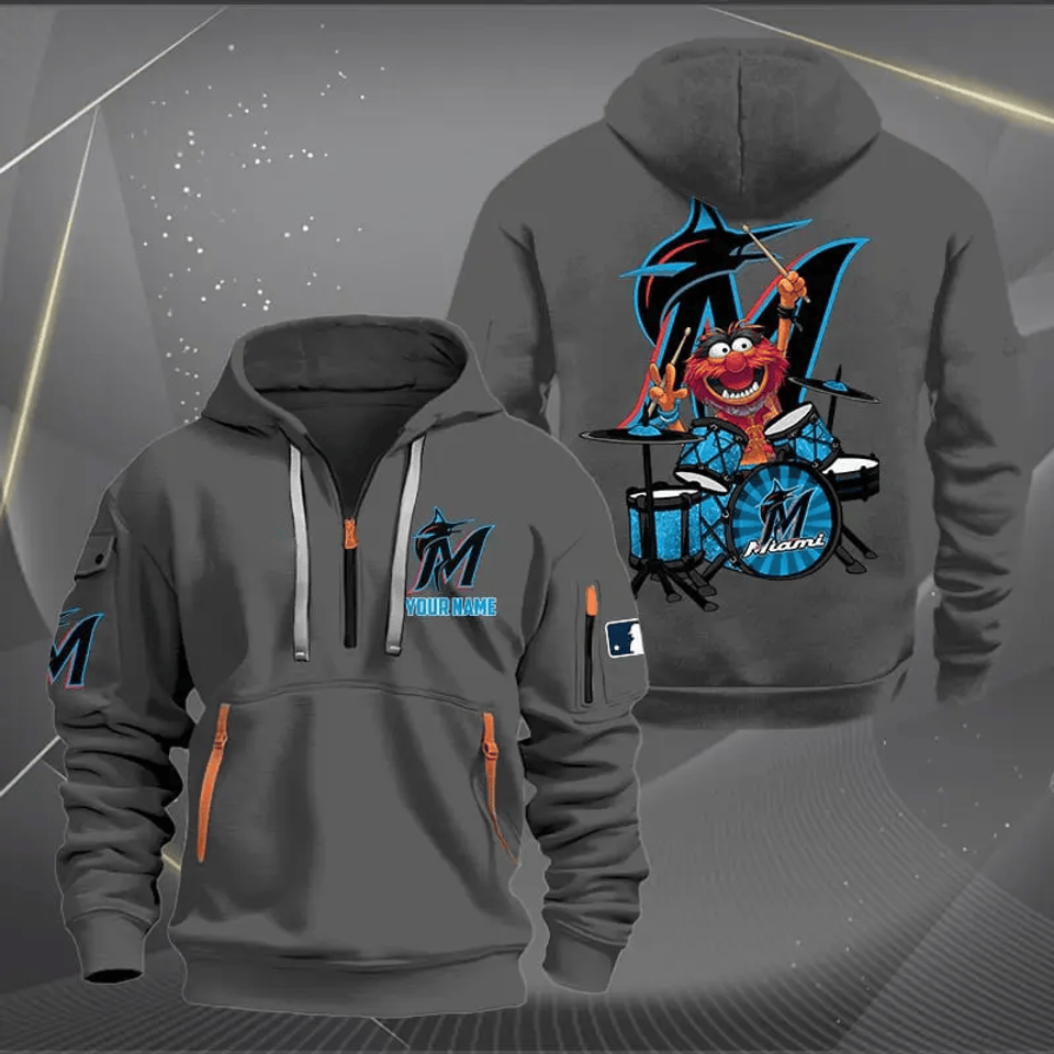 Miami Marlins Baseball Team Quarter Zip Hoodie Rocking Drummer Custom Name Fan Gift
