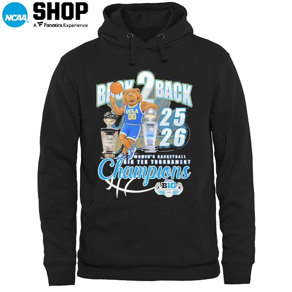 Official UCLA Bruins Women’s Basketball 2025-2026 Back 2 Back Big Ten Tournament Champions Mascot T-Shirt