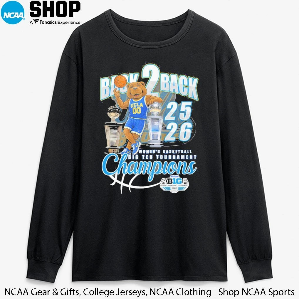 Official UCLA Bruins Women’s Basketball 2025-2026 Back 2 Back Big Ten Tournament Champions Mascot T-Shirt