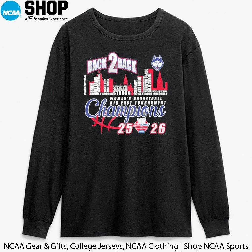 Official UConn Huskies Women’s Basketball Skyline City Players Names Back 2 Back 2025-26 Big East Tournament Champions T-Shirt