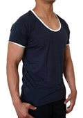 MENS SCOOP NECK T SHIRT CONTRAST DARK HEATHER BLUE SLIM FIT CASUAL GYM FASHION