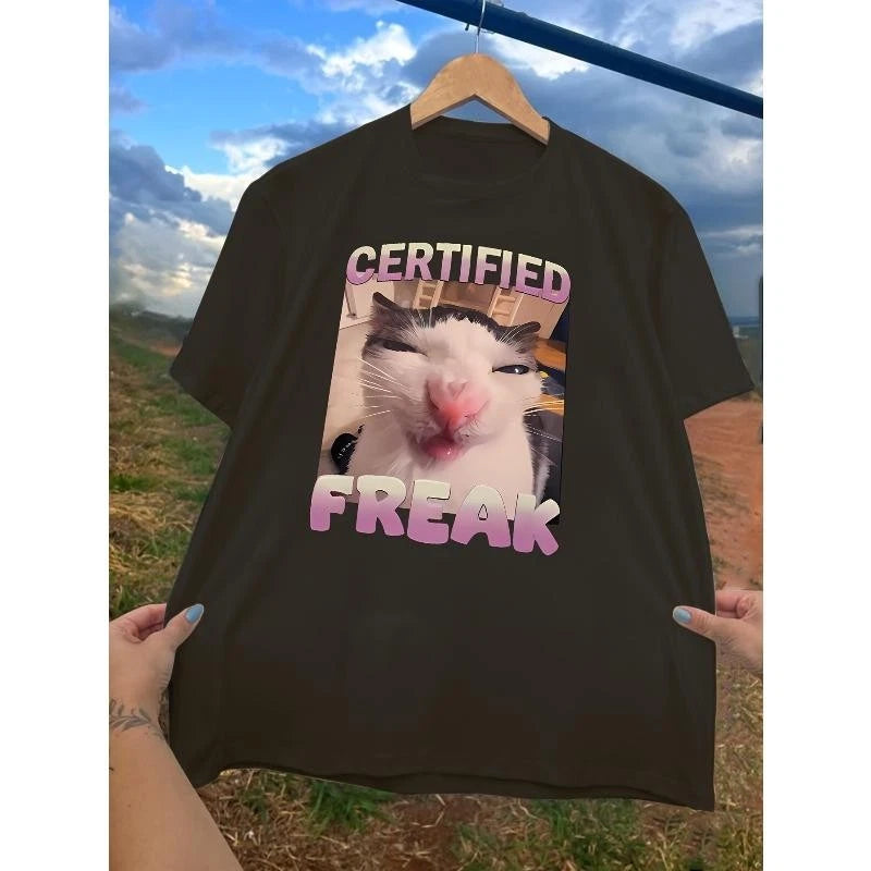 Certified Freak Cat Meme T-Shirt | Funny Retro Printed T-Shirt Casual T-Shirt