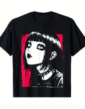 Goth Anime Girl Graphic T-Shirt Emo Alt Punk Black Men's XL Crew Neck Polyester
